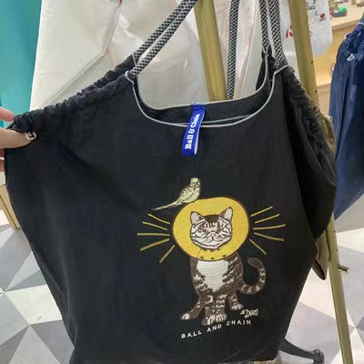 Women Fashion Nylon Embroidered Large Capacity Canvas Shopping Bag