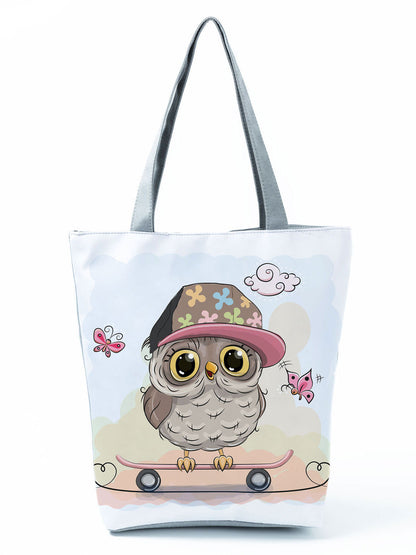 Simple White Creative Cartoon Owl Print Shopping Bag