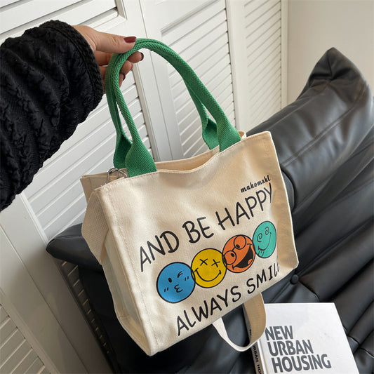 Women Cute Casual Cartoon Smiley Letter Pattern Large Capacity Canvas Tote Bag