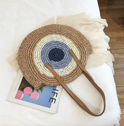 Sac à bandoulière tissé en paille de grande capacité pour femme, design pastoral, couleurs contrastées, avec poignée 