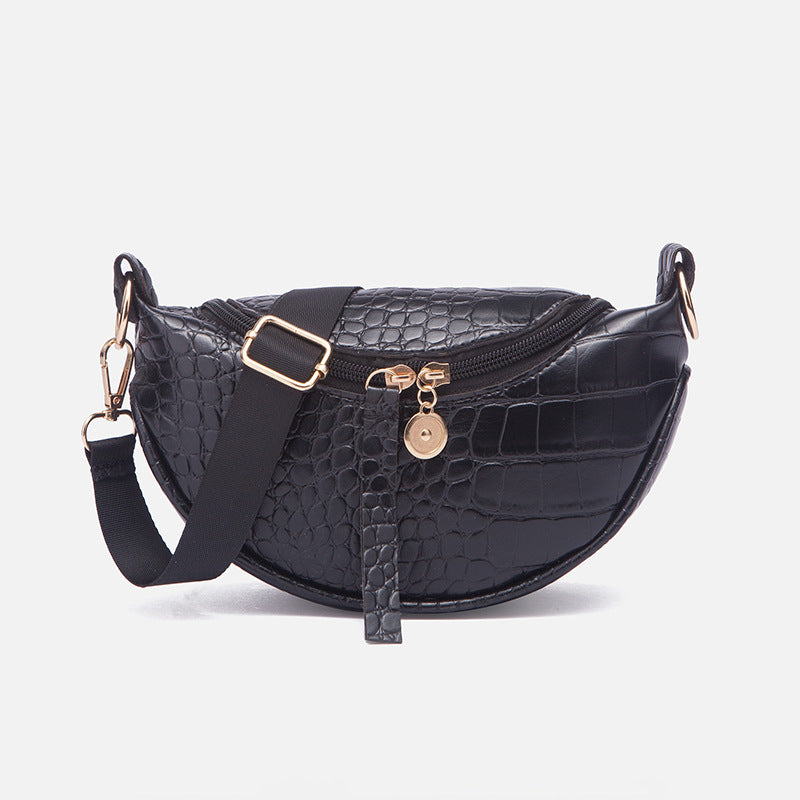 Women Vintage Zipper Design Crocodile Pattern PU Saddle Bag