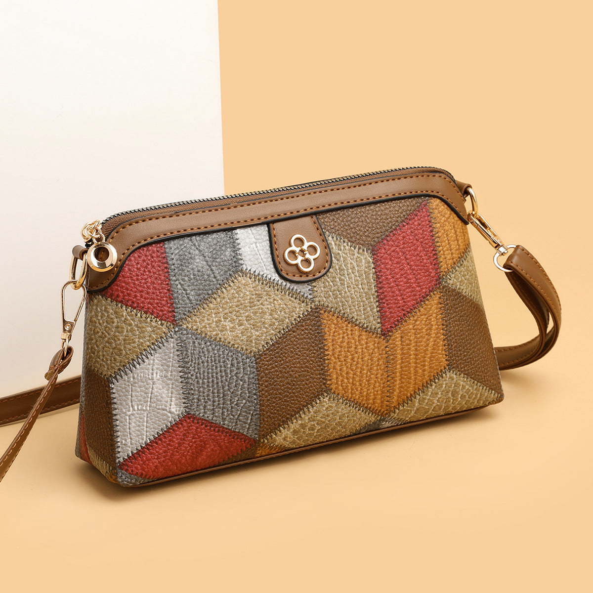 Women Fashion Bohemian Style Color Block Rhombic Stitching Zipper Crossbody Bag