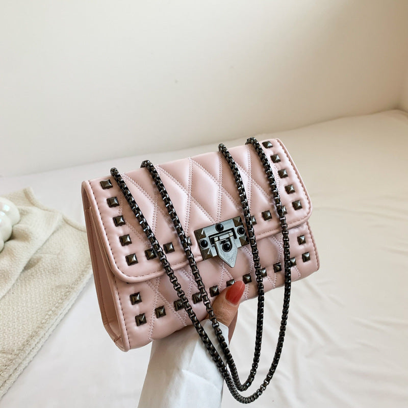 Women Simple And Fashionable Studded Flap Lock Square Chain Crossbody Bag