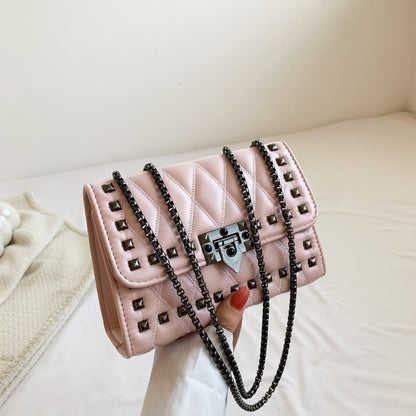 Women Simple And Fashionable Studded Flap Lock Square Chain Crossbody Bag