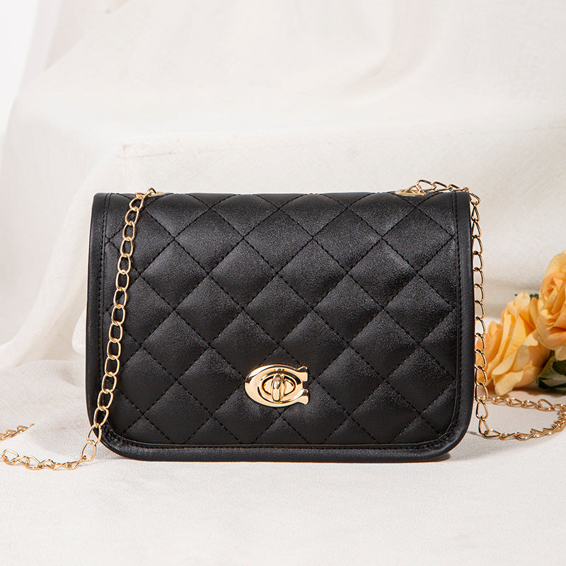 Women Fashion Simple Solid Color Metal Buckle Flap Quilted Square Chain Crossbody Bag