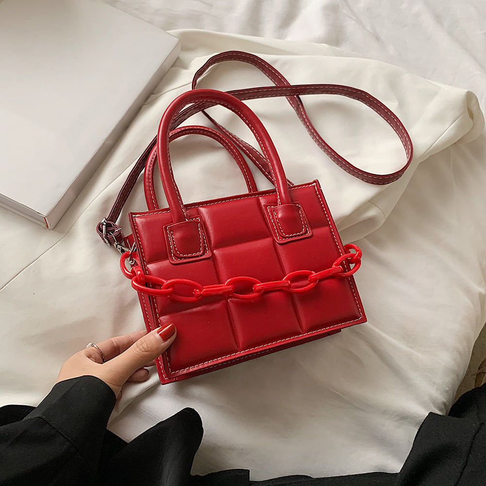 Women Fashion Chain Decorative Plaid Embossed Solid Color PU Crossbody Bag
