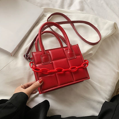 Women Fashion Chain Decorative Plaid Embossed Solid Color PU Crossbody Bag