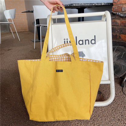 Women Casual Design Plaid Pattern Canvas Large Capacity Shoulder Handle Tote Bag
