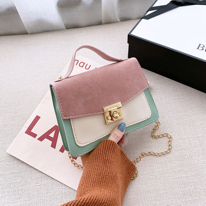 Women Fashion Casual Flap Buckle Design Color Blocking PU Crossbody Bag