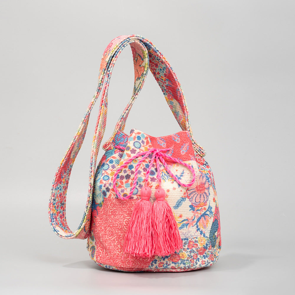 Women Bohemian Ethnic Style Jacquard Knitted Tassel Pendant Bucket Shoulder Bag