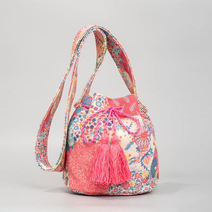 Women Bohemian Ethnic Style Jacquard Knitted Tassel Pendant Bucket Shoulder Bag