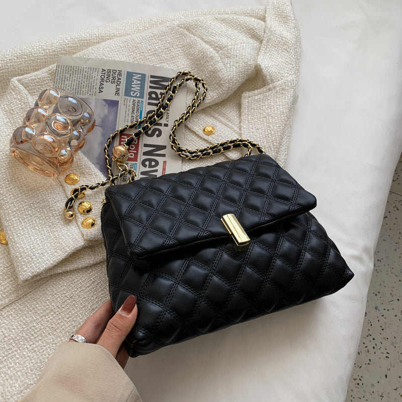 Women Basic Flap Buckle Design Rhombus Stitching Solid Color PU Shoulder Bag