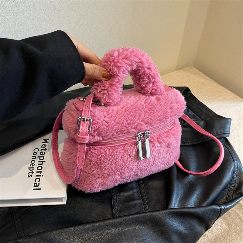 Sac à bandoulière en peluche à fermeture éclair de couleur unie pour femme, mode automne et hiver 