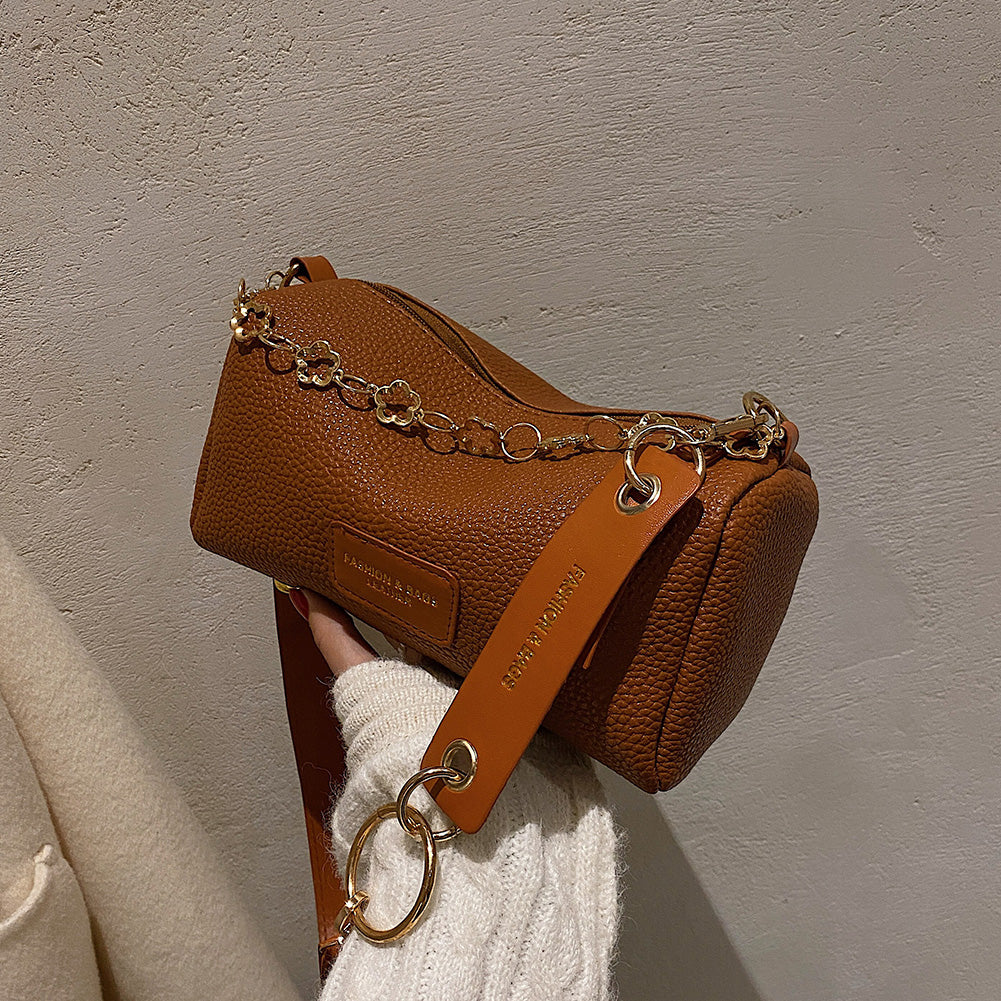 Women Vintage Flower Chain Design Cylindrical PU Shoulder Bag