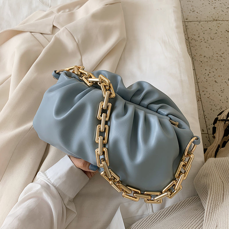 Women Creative Thick Chain Crease Design Solid Color PU Underarm Bag