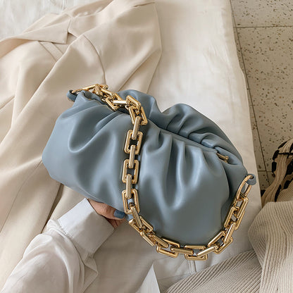 Women Creative Thick Chain Crease Design Solid Color PU Underarm Bag