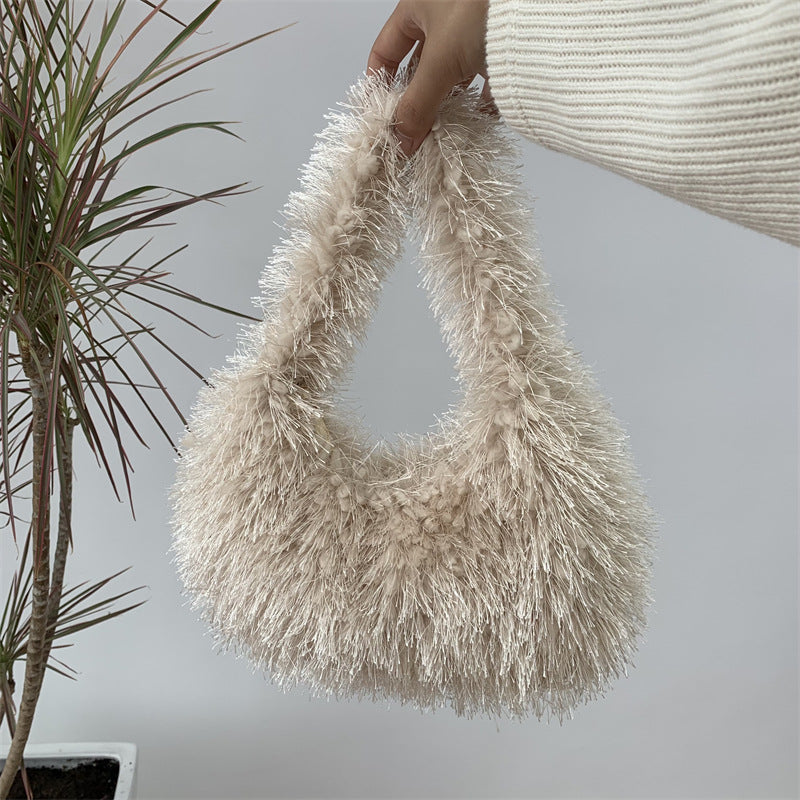 Sac à main en peluche de couleur unie pour femme, tendance automne et hiver 