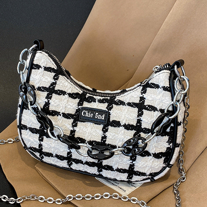 Women Fashion Black White Check Handbag