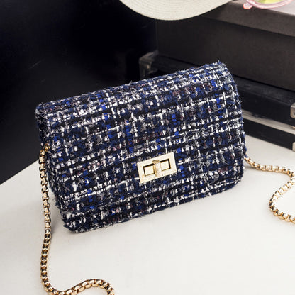 Women Fashionable Woolen Plaid Flap Lock Square Chain Crossbody Bag