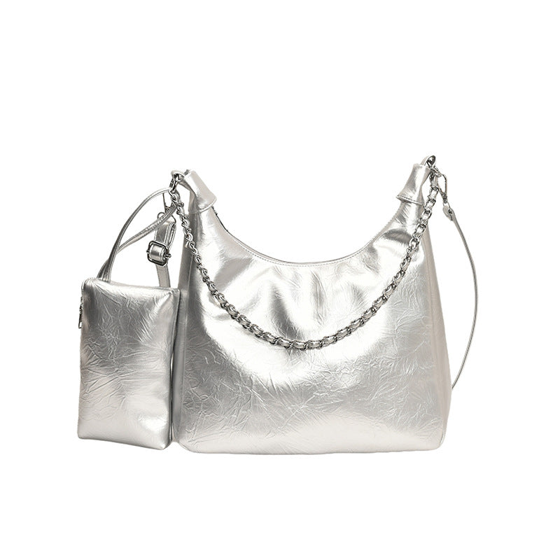 Women Fashionable Solid Color Large Capacity Zipper Shoulder PU Tote Bag