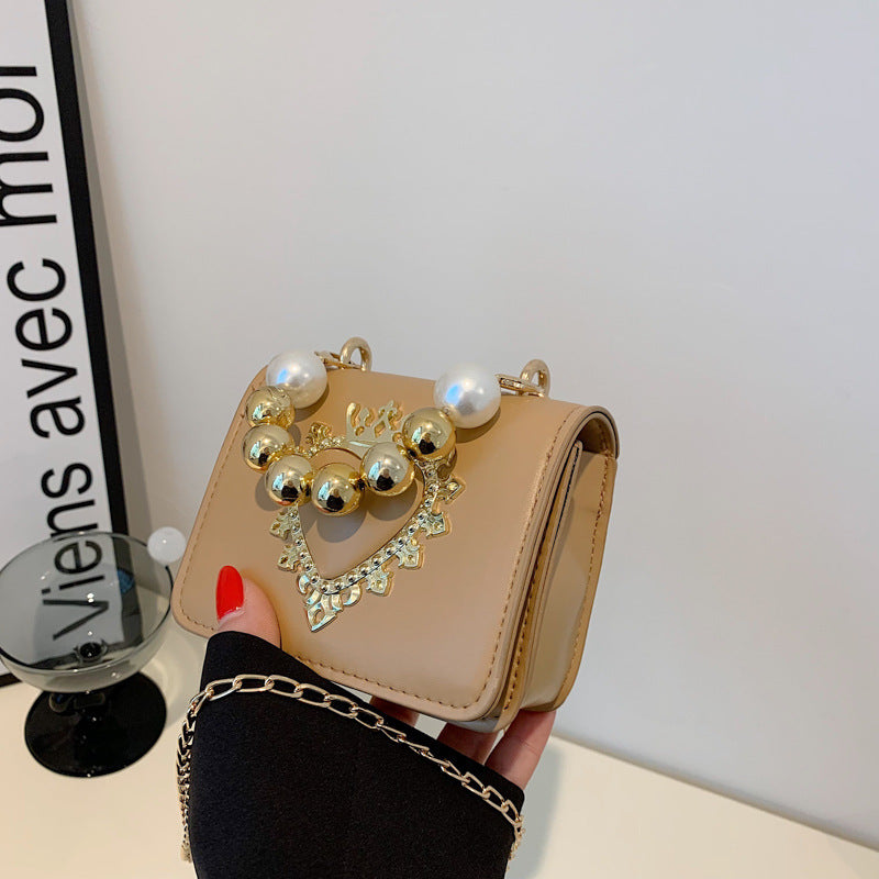Women Fashion Elegant Heart Pearl Handbag Crossbody Small Square Bag