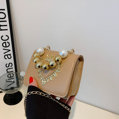 Women Fashion Elegant Heart Pearl Handbag Crossbody Small Square Bag