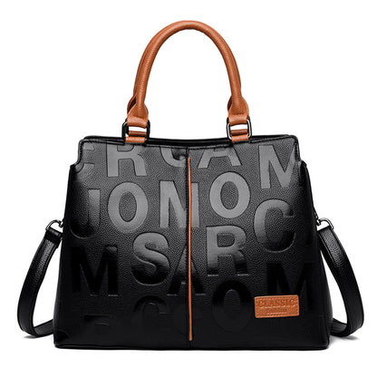 Women Basic letter Embossing Zipper Design Large Capacity PU Handle Bag