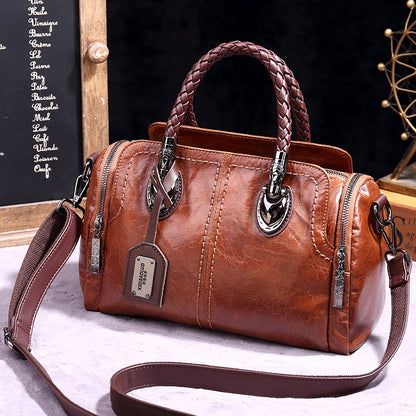 Women Fashion Retro Zip PU Woven Handle Shoulder Bag