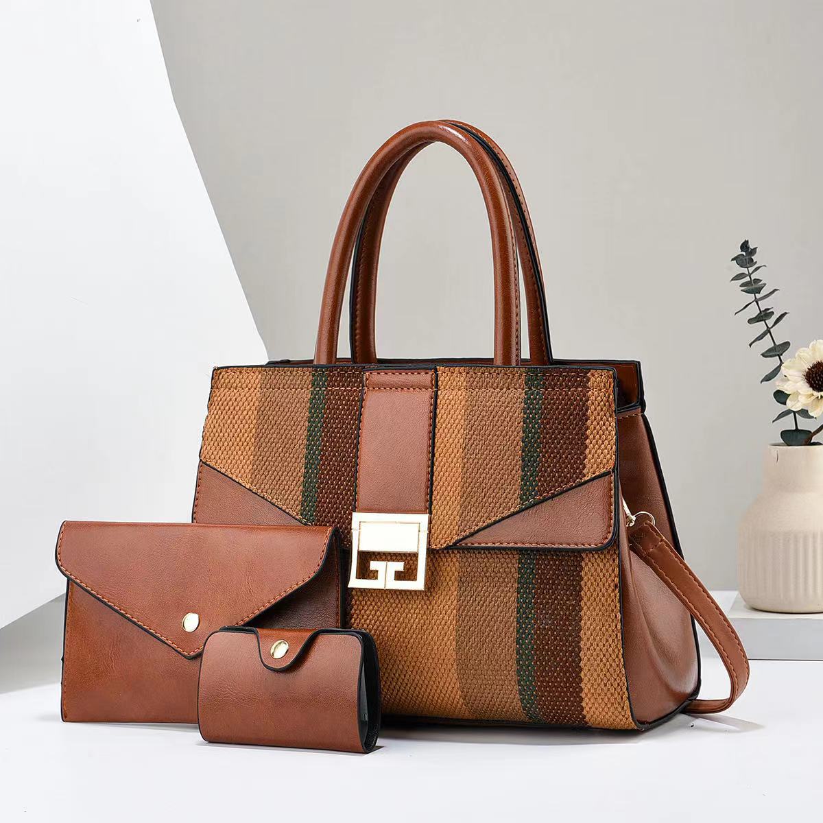 Women Fashion Casual Color Block Stripe Handbag Three-Piece Set