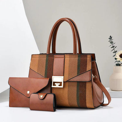 Women Fashion Casual Color Block Stripe Handbag Three-Piece Set