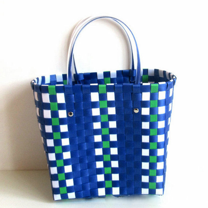 Vegetable Basket Straw Woven Waterproof Beach Women Casual Design Color Blocking Large Capacity Shoulder Handle Bag