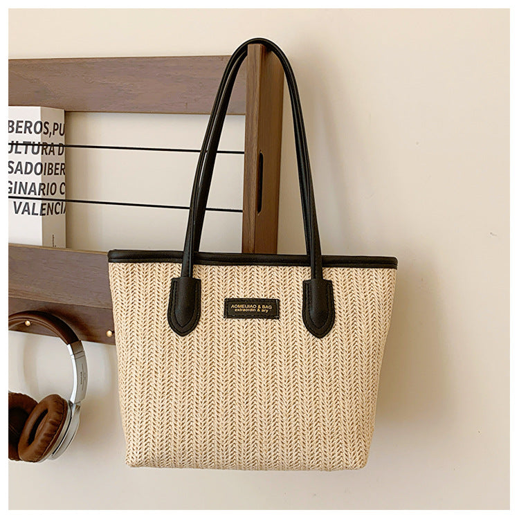 Summer Women Fashionable Solid Color Straw Woven Large Capacity Tote Bag