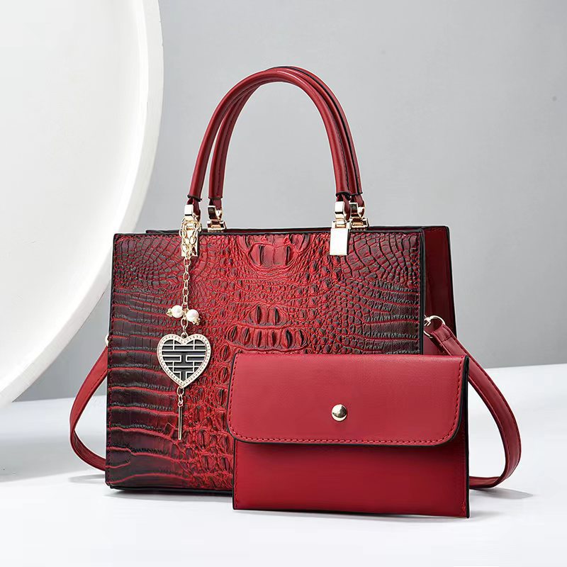 Women Fashion Bright Leather Crocodile Stone Pattern Large Capacity Handbag Set