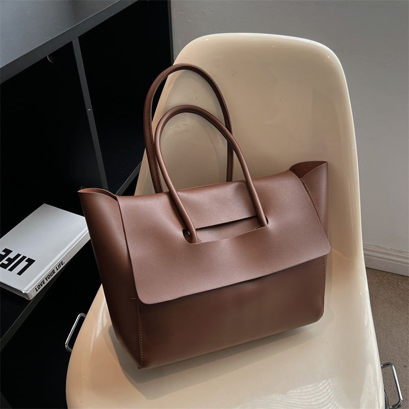 Women Fashionable Solid Color Clap Large Capacity PU Tote Bag