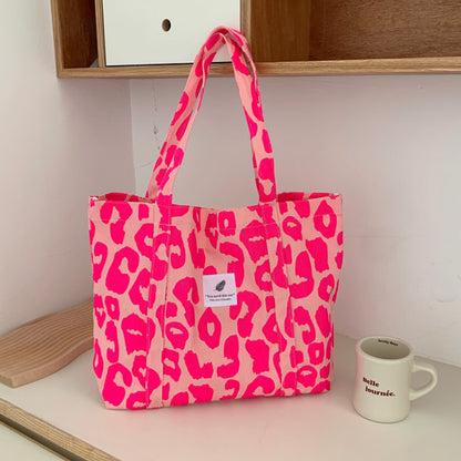 Sac fourre-tout en toile grande capacité à motif léopard et carreaux pour femme 