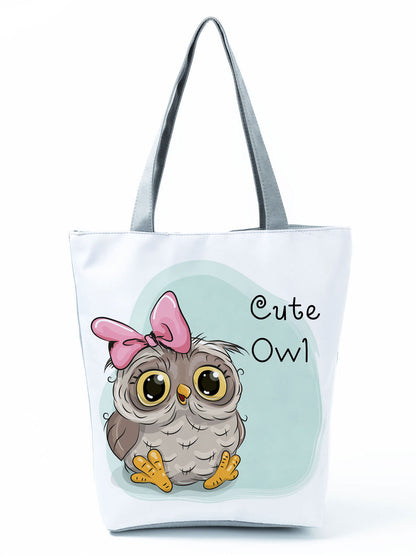 Simple White Creative Cartoon Owl Print Shopping Bag