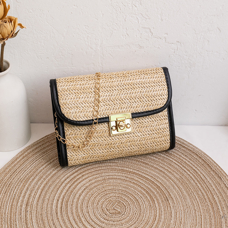 Women Fashion Casual Vacation Beach Magnetic Buckle Flap Chain Square Straw Woven Crossbody Bag