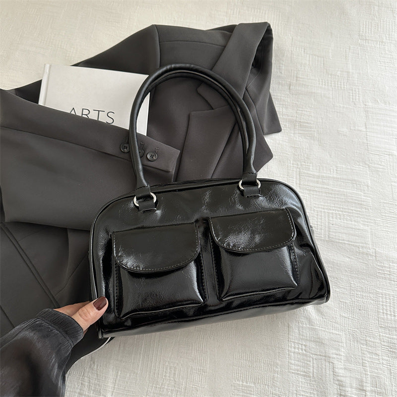 Sac à bandoulière décontracté rétro à double poche pour femme, couleur unie 