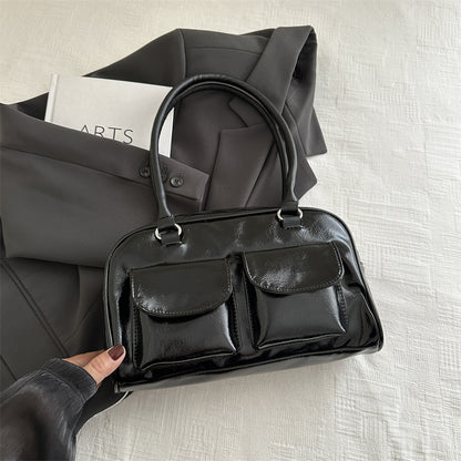 Sac à bandoulière décontracté rétro à double poche pour femme, couleur unie 