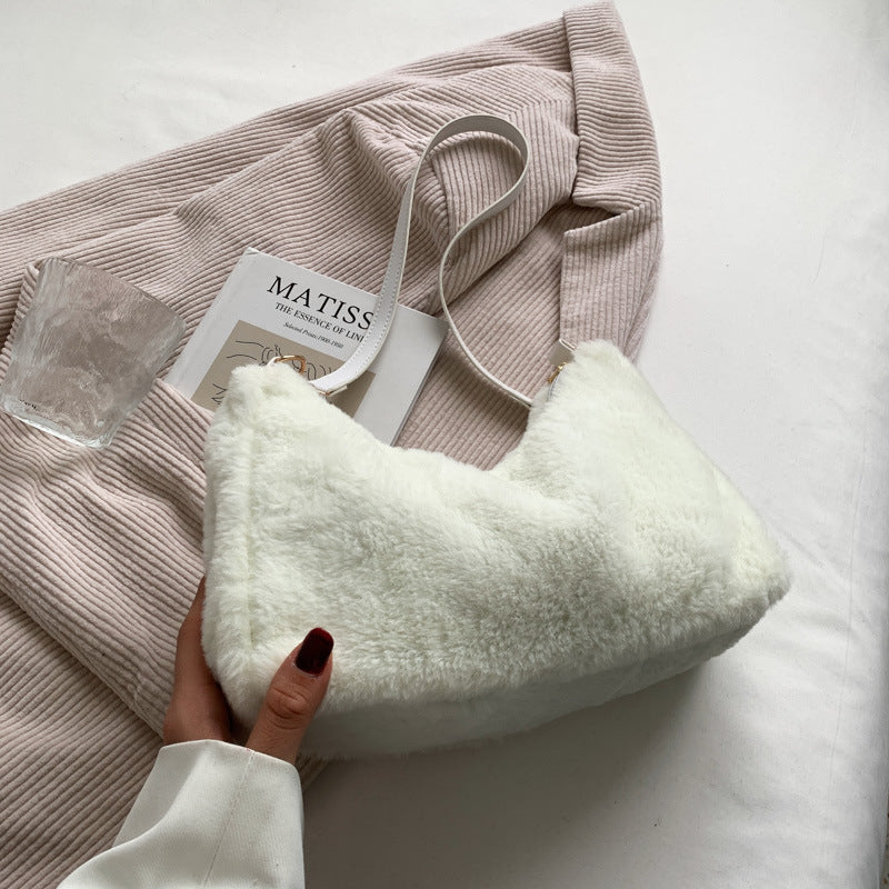 Sac à bandoulière en peluche de couleur unie pour femme, décontracté, à la mode, automne et hiver 