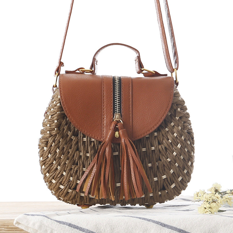 Women Fashion Simple Vacation Beach Straw Woven Color Block Tassel Zipper Flap Shoulder Bag