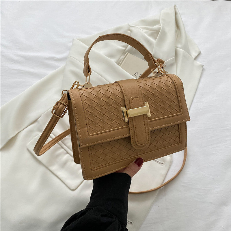 Women Fashion Solid Color Woven Rhomboid Flap PU Crossbody Bag