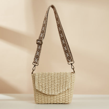 Sac à bandoulière à large sangle en paille tissée de style ethnique pour femme 