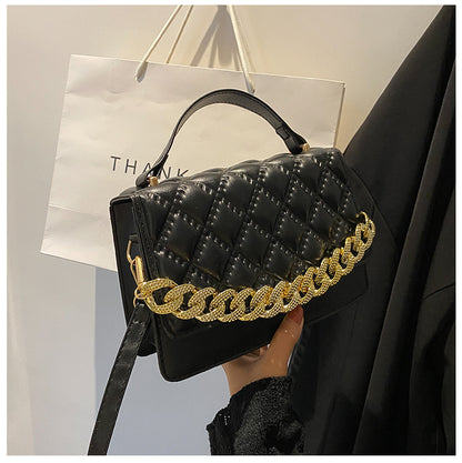 Women Fashion Thick Chain Rhombus Stitching Design Solid Color PU Crossbody Bag