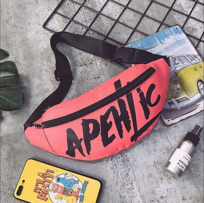 Women Outdoor Sports Zipper Design Letter Pattern Nylon Waist Bag