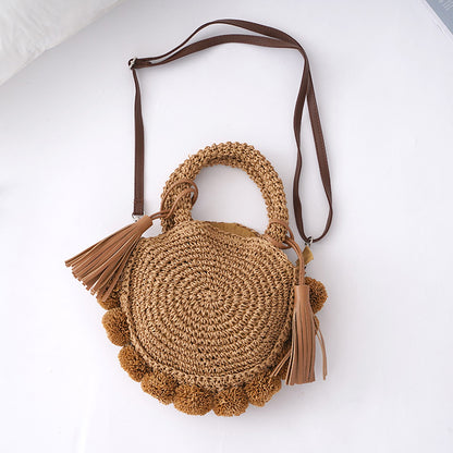 Sac à main en paille tissée avec pendentif pompon simple et tendance 