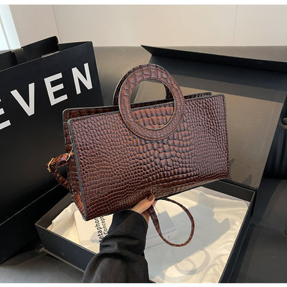 Women Vintage Crocodile-Print Round Handle PU Shoulder Bag