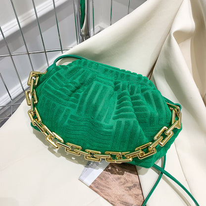 Women Casual Thick Chain Crease Design Solid Color Soft Fabric Crossbody Clutch Bag