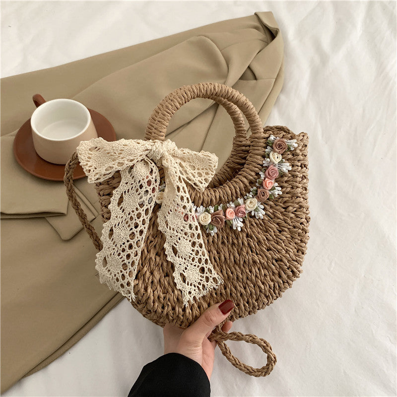 Women Fashion Casual Floral Woven Beach Handbag