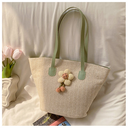 Women Fashionable Straw Woven Three-Dimensional Floral Large Capacity Tote Bag